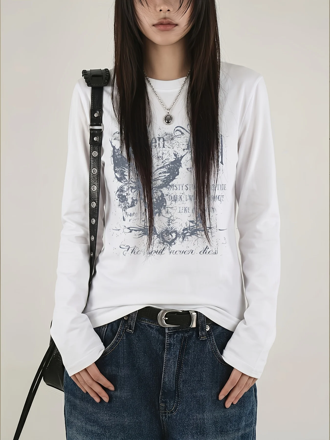 Y2K Retro Butterfly Fallen Angel Letter Print Women's Long-Sleeved T-Shirt Casual Sweet Cool Y2K Millennium Style Trendy Top