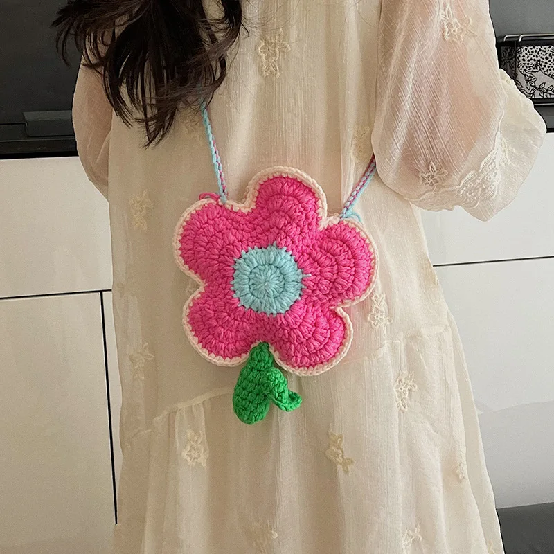 Sweet Flower‑Shaped Crochet Small Crossbody Bag, Hand‑Knitted Colorful Sling Purse, Casual Mini Shoulder Pouch