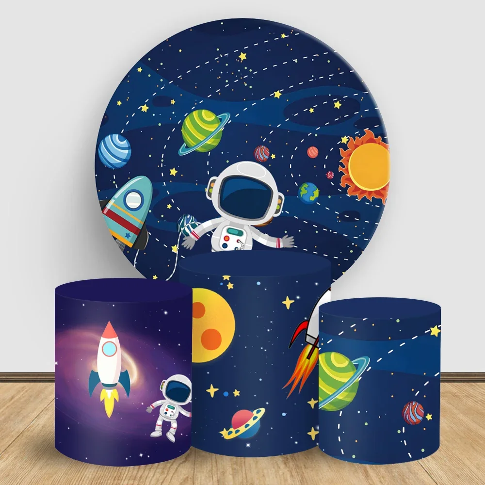 

Outer Space Astronaut Round Background Rocket Planet Birthday Backdrop Custom Boy Birthday Elastic Cylindrical Cake Fabric Cover