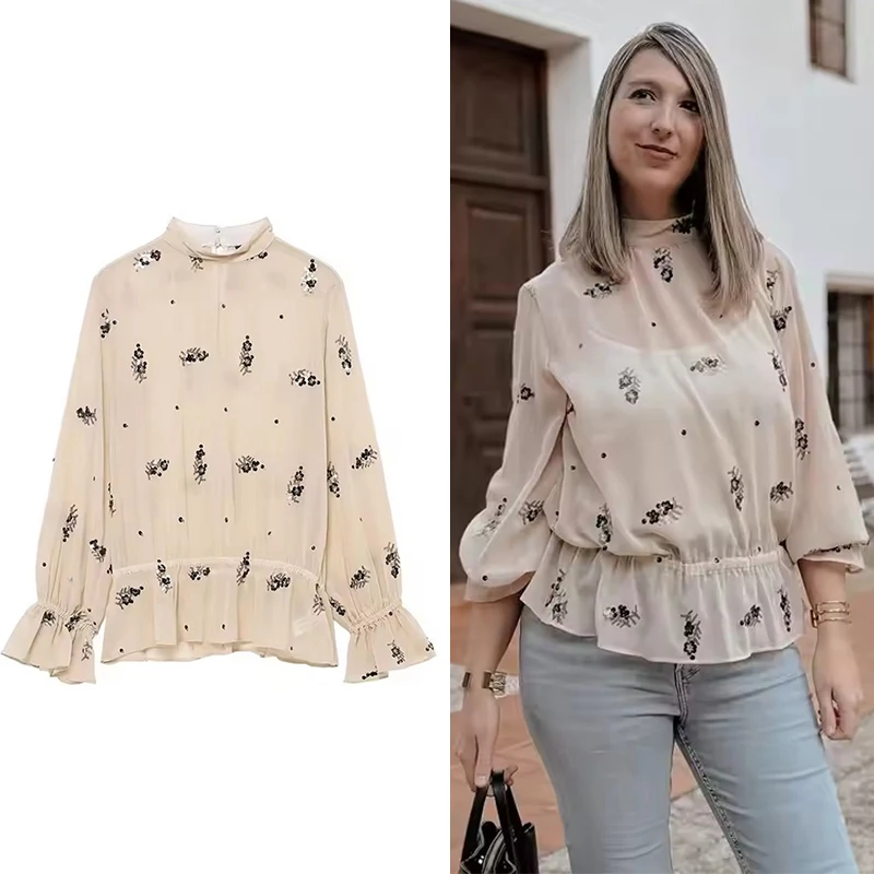 بلوزة نسائية أنيقة مزهّرة ترتر بأكمام طويلة قمصان فضفاضة موضة جديدة 2026 عطلة الربيع بلوزة أنيقة غير رسمية #1