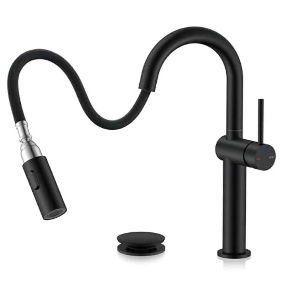 

Bathroom Faucet with Pull Out Sprayer, Pull Down Vessel Sink Faucet 1 Hole, Single Handle High Vanity Faucet with Pop Up Drain