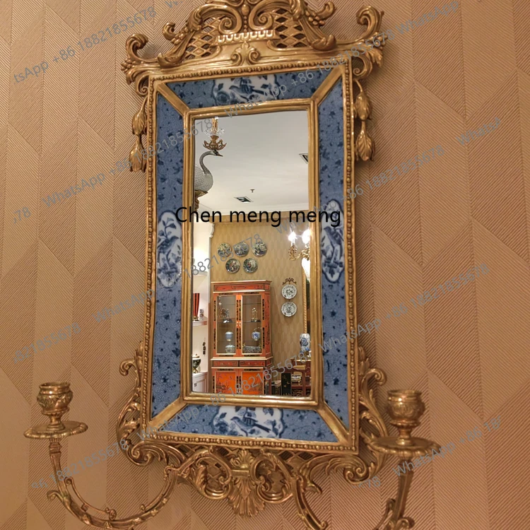 Neoclassical retro copper with porcelain decorative mirror villa living room bedroom blue and white wall decoration mirror