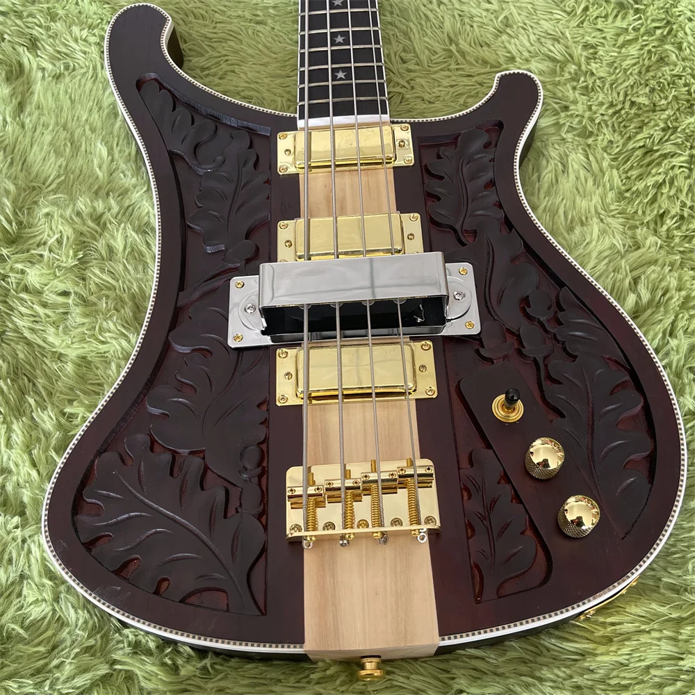 Free Shipping In Stock 4 Strings electric Guitar Bass Hand-made carved flowers guitars Bass Gold Hardware Guitarra Bass