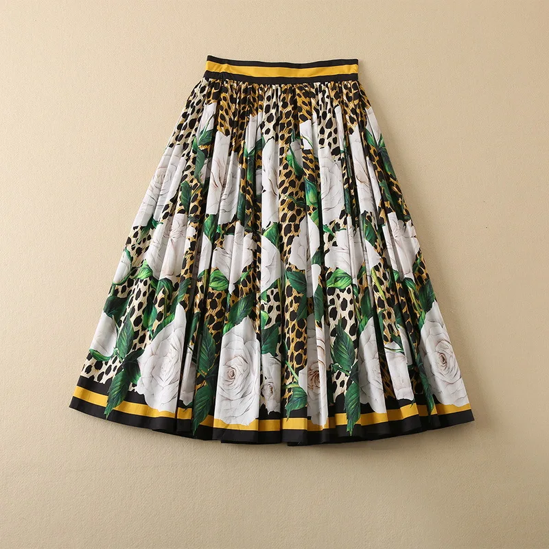 New European and American women's wear for winter 2022  Leopard print on rose flower  Fashion cotton pleated skirt