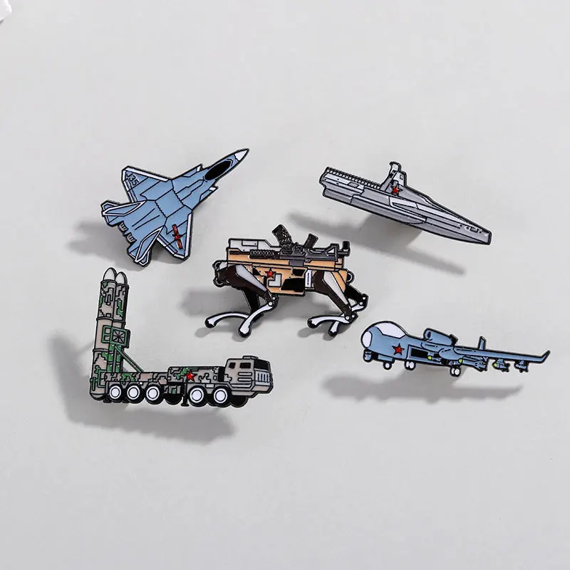 Airshow Collection Metal Badge Stealth Fighter & Warship Pins Cool Mechanical Dog & Missile Enamel Pins Military Fan Collectible