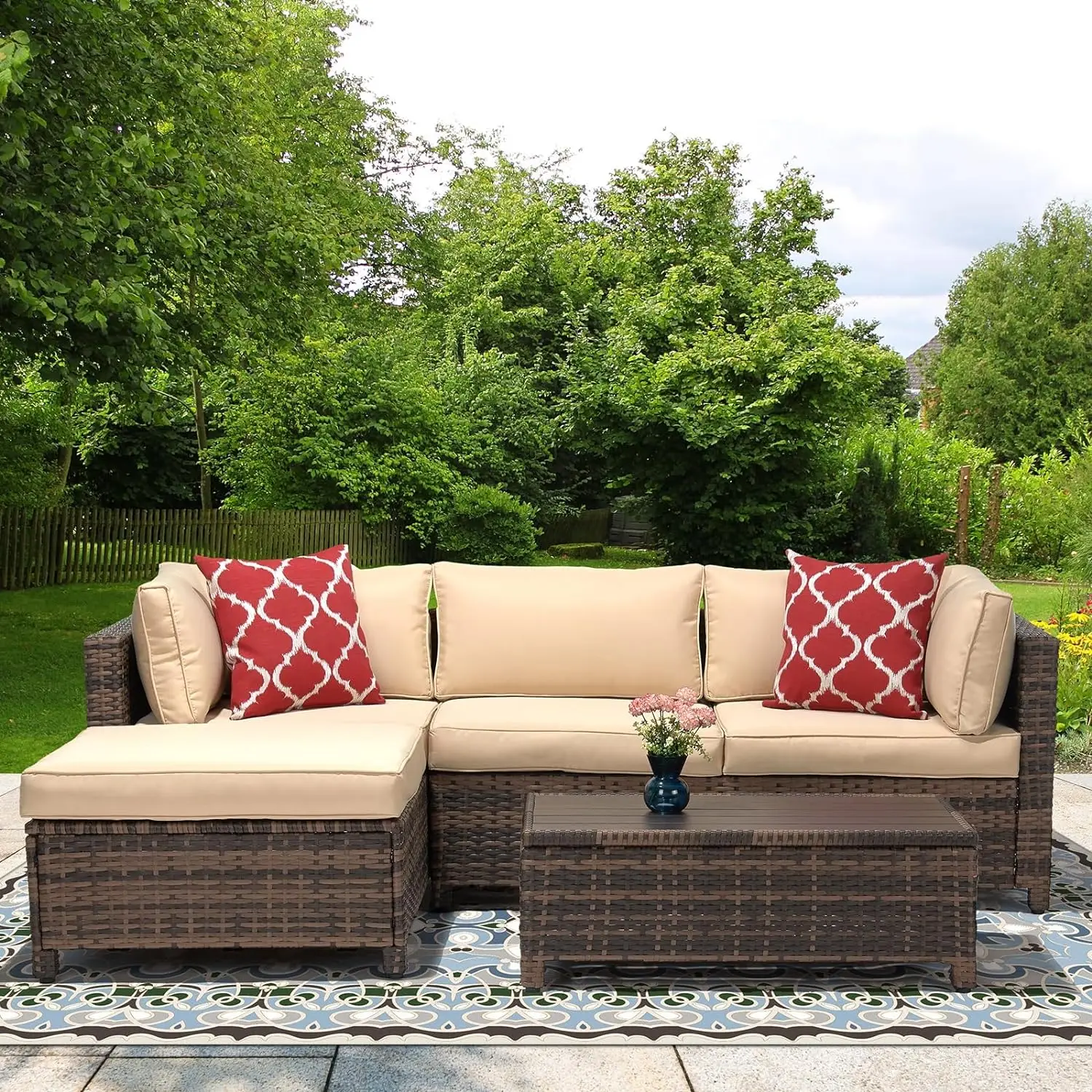 

Wicker Rattan Sectional Sofa with Metal Top Coffee Table 3 Pieces Outdoor Furniture Conversation Set for Porch, Poolside