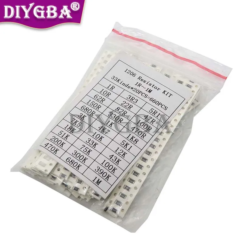 33valuesX 20PCS=660PCS1206 SMD Resistor Kit Assorted Kit 1ohm-1M Ohm 1% Sample Kit hjxrhgal
