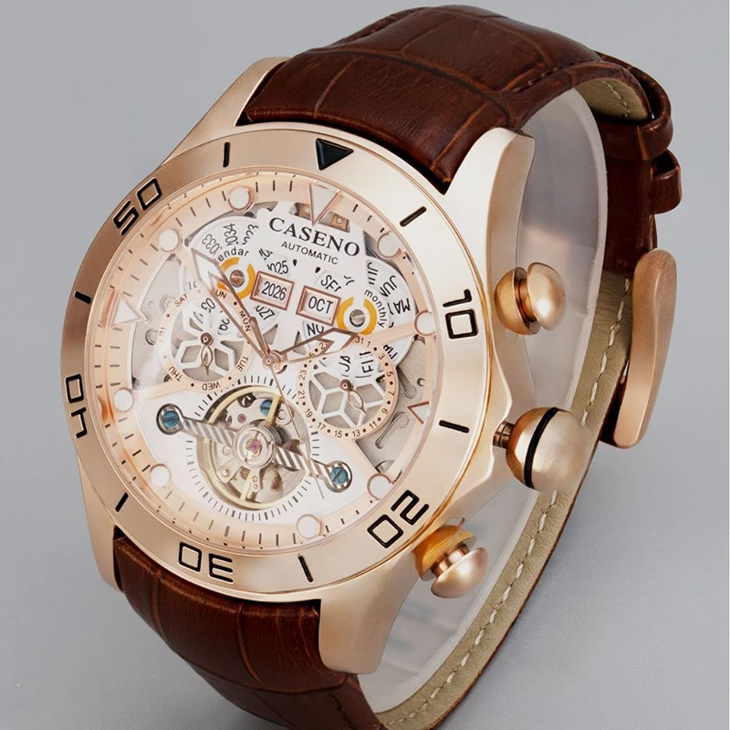 Men Perpetual Calendar Automatic Mechanical Watch Tourbillon Luminous Date Weekday Month Display Water Resistant 45mm Large Dial
