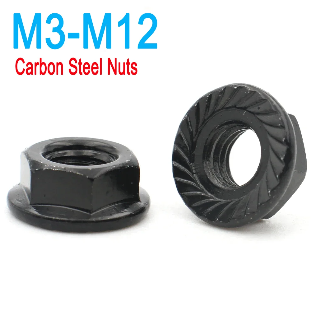 

M3 M4 M5 M6 M8 M10 M12 Black Carbon Steel Flange Nut Hexagon Hex Head Pinking Slip Locking Lock Nut 2 /5 /10 /20 pcs