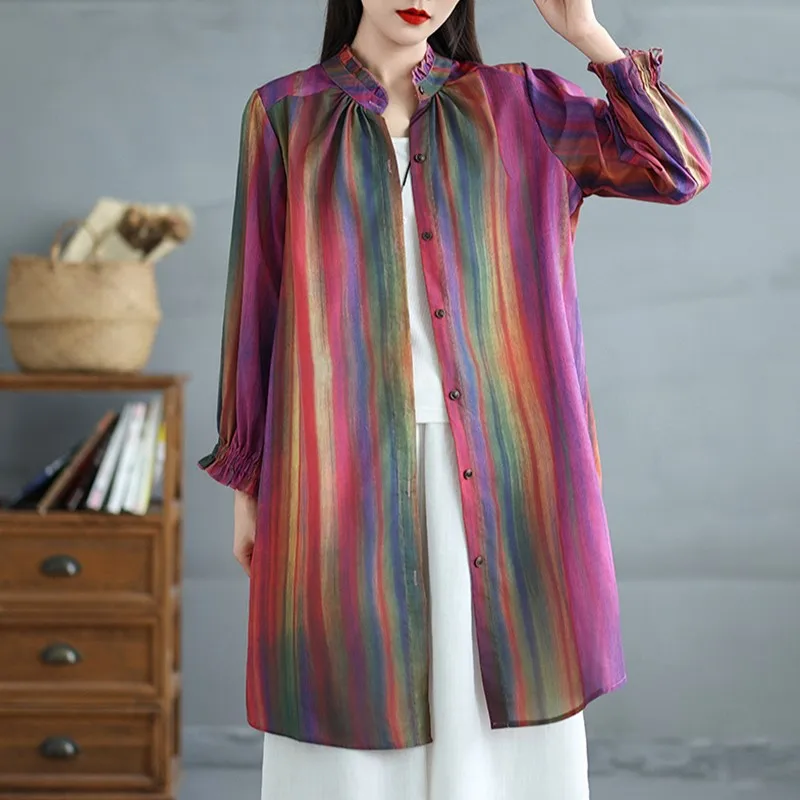 Women Casual Long Shirt New Arrival 2024 Autumn Vintage Striped Half High Collar Loose Female Thin Tops Shirts B3942