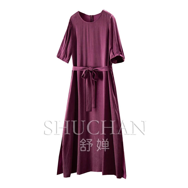 

light luxury and retro, charm purple, French containing copper ammonia silk lace-up waist A-word dress women 1Y28