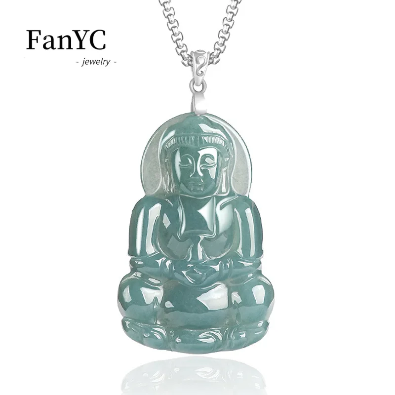 Natural Jadeite Blue Water Bodhisattva Pendant S925 Silver Buckle Inlaid Exquisite Ice Jade Necklace Men & Women Holiday Gift