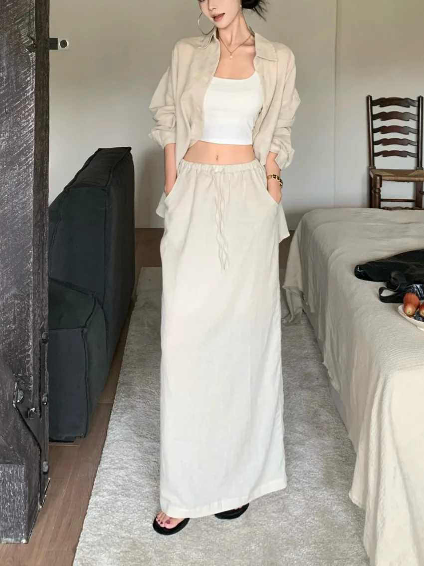 Alien Kitty Minimalist High Street Women Two Pieces Sets New Loose Shirts Full Sleeve Lazy Style Full Sleeve Casual Maxi Skirts