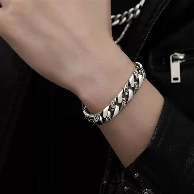 OUYADI Vintage Stainless Steel Men Bracelet, Eternal Vines Engraved Heavy Cuban Chain Statement Jewelry Gift Wholesale