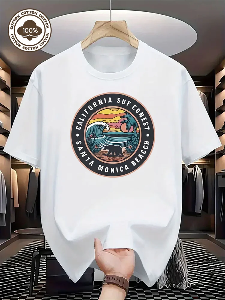 الرجال القطن الخالص قصيرة الأكمام كاليفورنيا تصفح المنافسة سانتا مونيكا الشاطئ نمط تي شيرت مطبوع للاستخدام في الهواء الطلق S-2XL