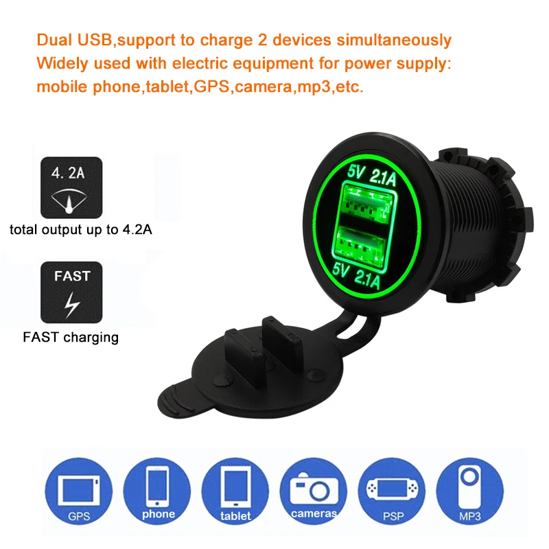 Car Universal Cigarette Lighter Charger USB Vehicle DC12V-32V Waterproof Dual USB Charger 2 Ports Power Socket 5V 2.1A/2.1A