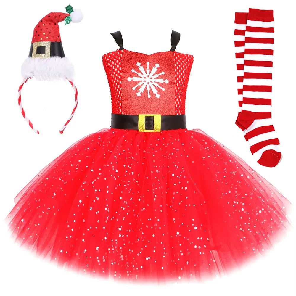 

Princess Girls Santa Claus Tutu Dress Sparkling Red Christmas Costumes for Kids Xmas Party Outfit Children New Year Gift Clothes