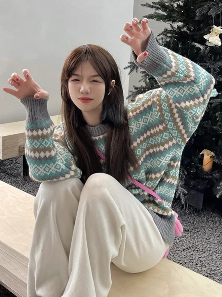 2025 جديد ريترو اليابانية شريط الماس سترة المرأة الخريف الشتاء كسول الراقية محبوك بلوزة فضفاضة تناسب الجولة Ne Long Sve