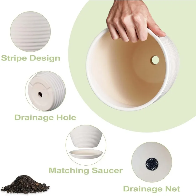 Doniczka ceramiczna 30 cm, duża doniczka z otworem drenażowym i spodkiem, okrągła doniczka na rośliny do użytku wewnątrz i na zewnątrz, biała