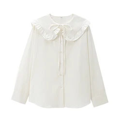 Tangada 2024 Women Peter Pan Collar White Shirt Long Sleeve Female Loose Cotton Blouse Tops PS079