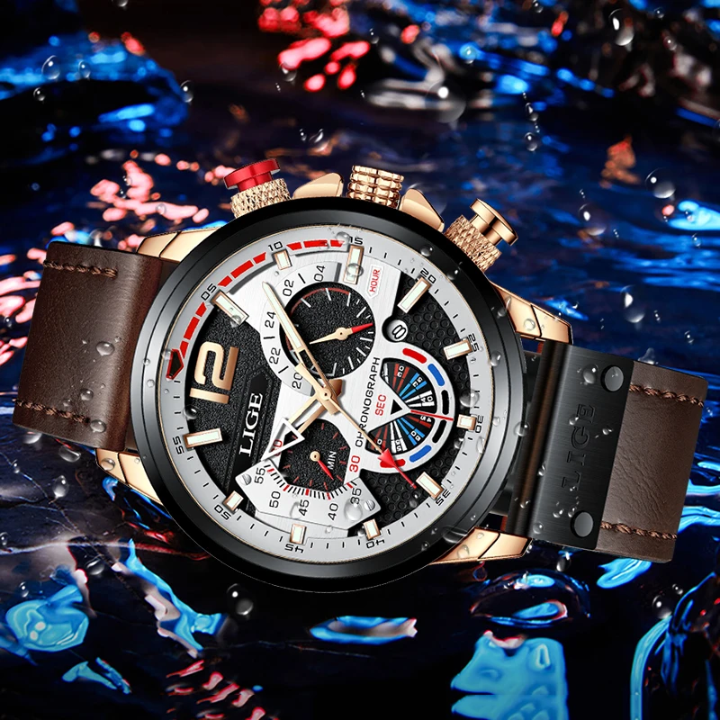 LIGE Outdoor Sport Watches for Men Fashion Business Leather Quartz Man Wristwatch Top Brand Luxury Waterproof Luminous Watch Men
