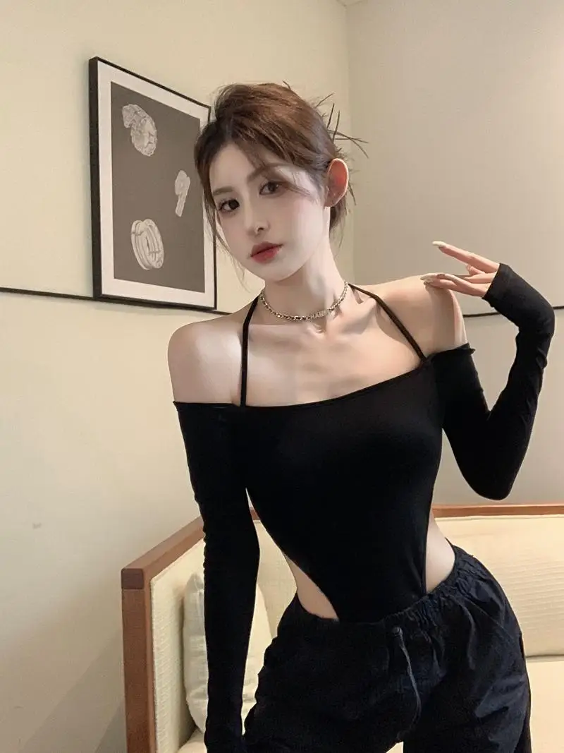 

Sexy Hot Girl Long Sve Ne Hanging oulder Bla T-irt High Waist Bodysuit Women's Street Sle Cotton ort Pants