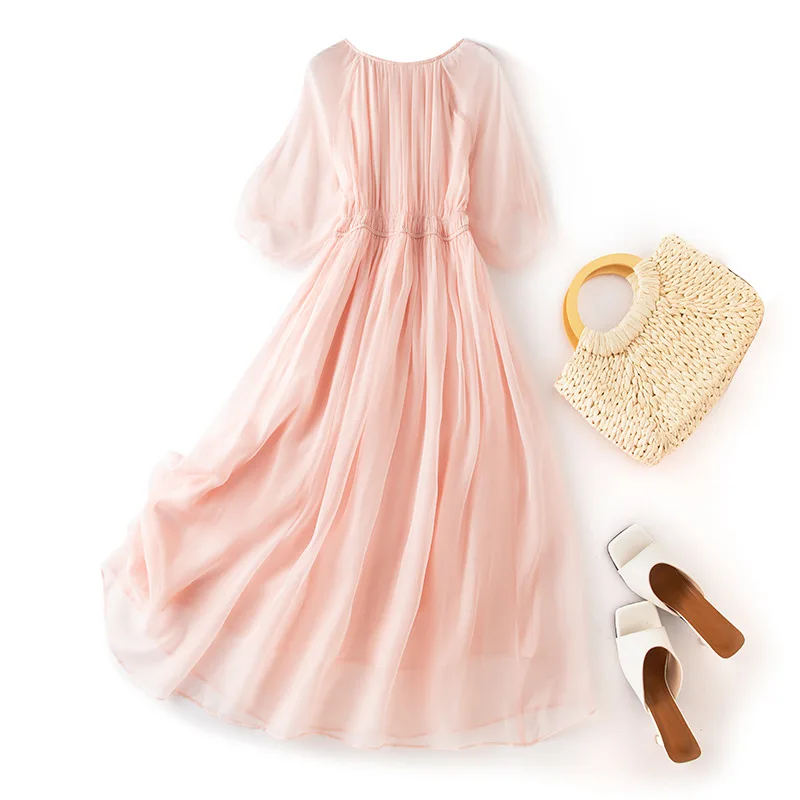 Birdsky, 1PC Women dress chest pleats O neck lantern sleeves 100% real mulberry silk georgette solid Pink, S-1052