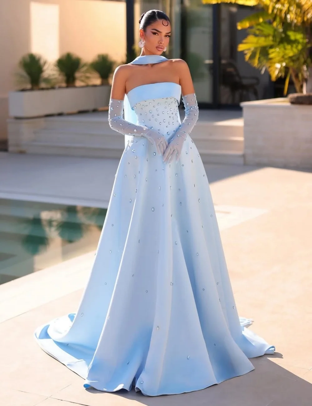 

Customized Jersey Rhinestone Strapless A-line Long Dresses Bespoke Occasion Evening Gown Formal Gorgeous Glitter
