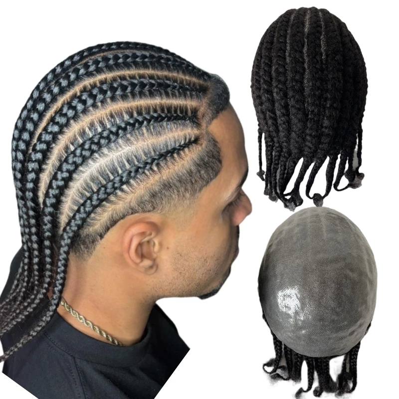 Reemplazo de cabello humano virgen brasileño para hombres negros, tupé de trenzas Afro, Unidad de PU completa, 1b