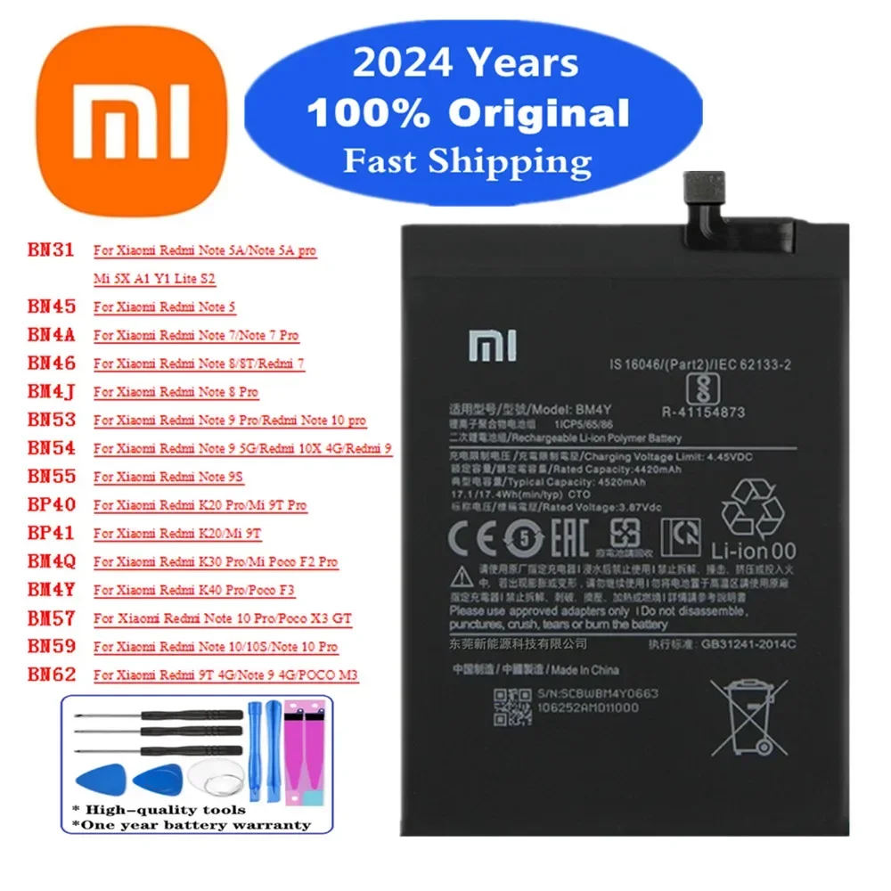 2024 Years Original Battery For Xiaomi Redmi Note K20 K30 K40 Mi 9 9S 9T 10 10S 10X 8 8T 7 5 5A Pro POCO X3 M3 F3 F2 Pro Battery