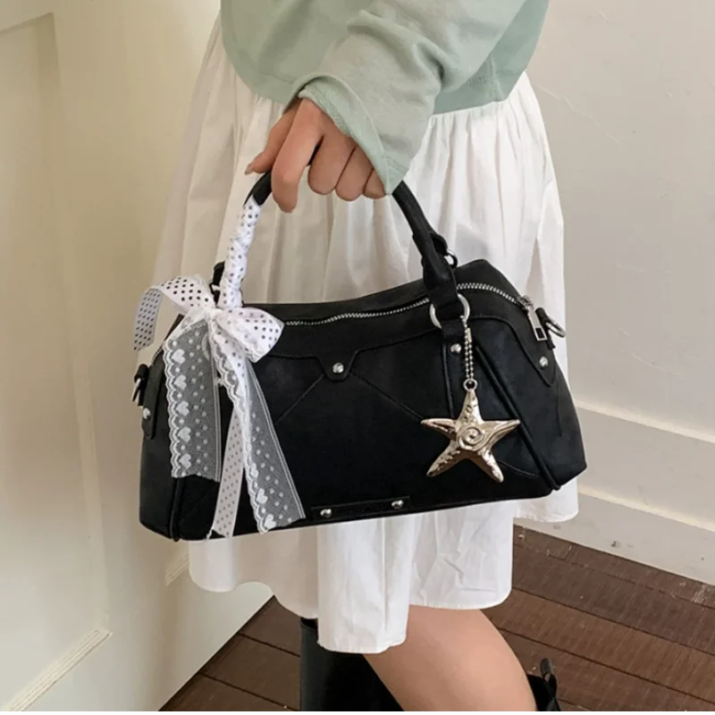 

Korean Style Sweet Bowling Bag With Star Pendant Lace Bow Versatile Pillow Handbag Casual Daily Commuter Shoulder Crossbody Bag