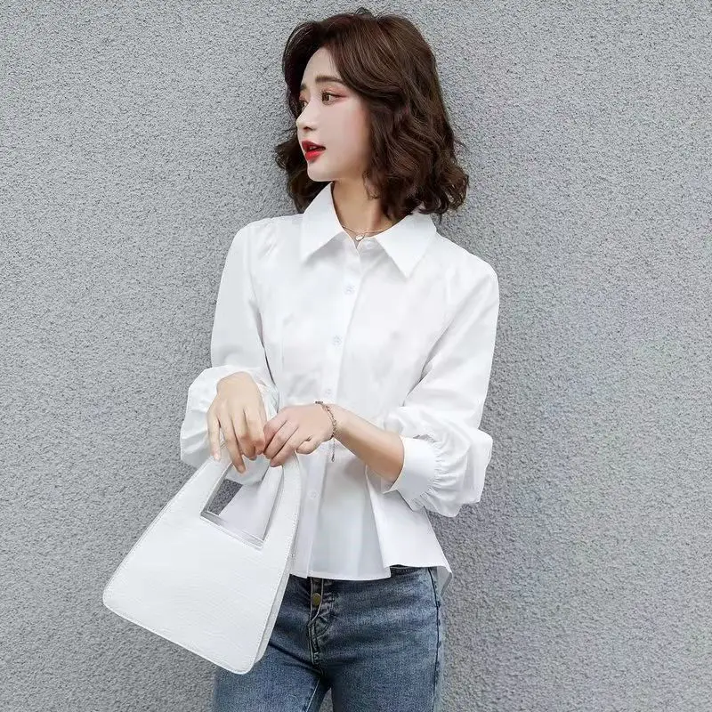 Stylish Lapel Button Spliced All-match Folds Lantern Sleeve Shirt Women\'s Clothing 2022 Autumn New Casual Tops Loose Chic Blouse