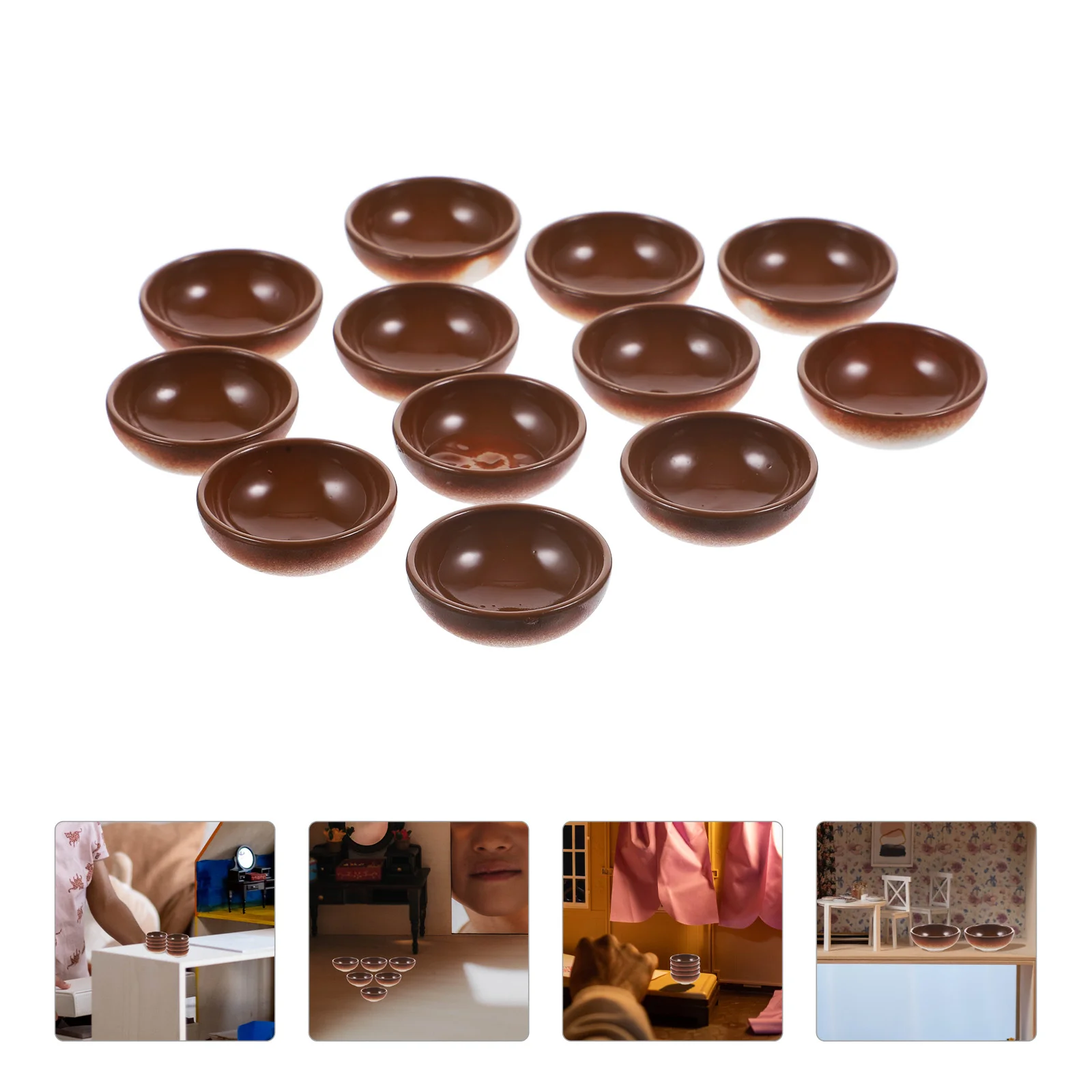 12 Pcs Dollhouse Mini Simulation Cups Saucers and Bowls 12pcs Black Round Miniature Plastic Tiny Dolls for