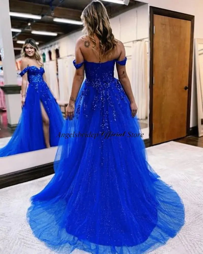 Angelsbridep Royal Blue A-line Tulle Prom Dresses Sexy Leg Slit Appliques Vestidos De Fiesta Elegantes Para Mujer Party Dresses