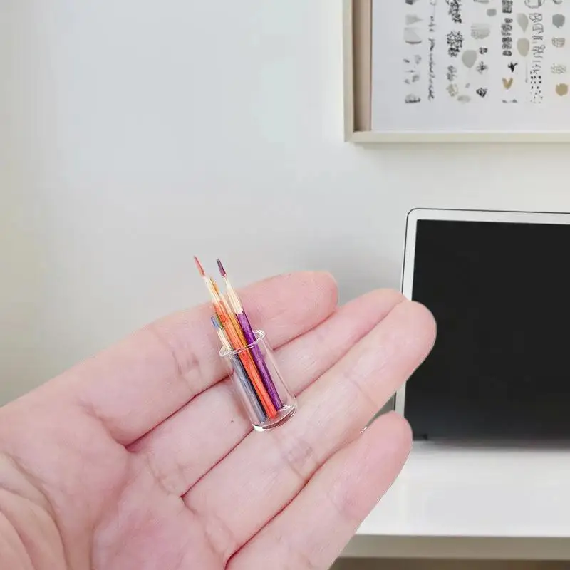 Small 1:12 Scale Dollhouse Accessories - 6pcs Pen Cup Holder with Color Pencils for Learning Scene