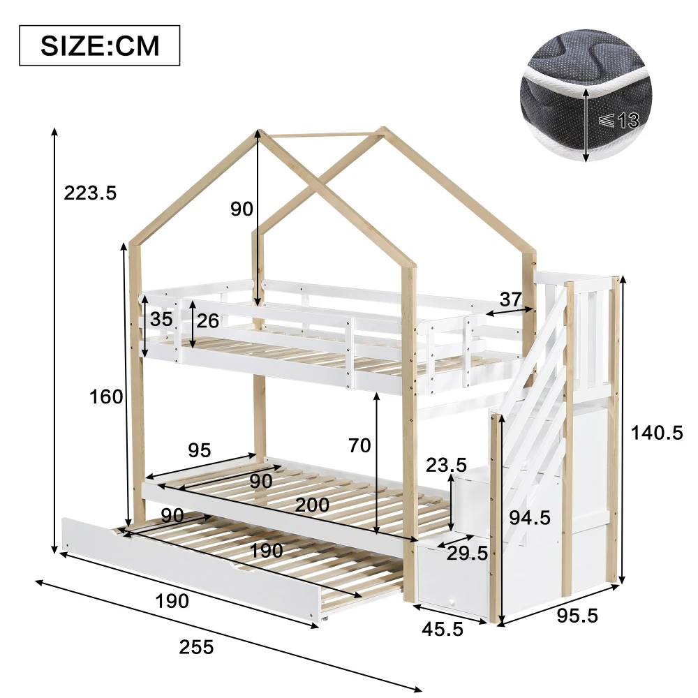 PINGGO Naturweißes Holzhausbett 90x200+90x190cm Kinder-Etagenbett mit Rutsche, Treppe, 3 Schubladen, Sicherheitsgeländer, ohne Matratze – Detail 8