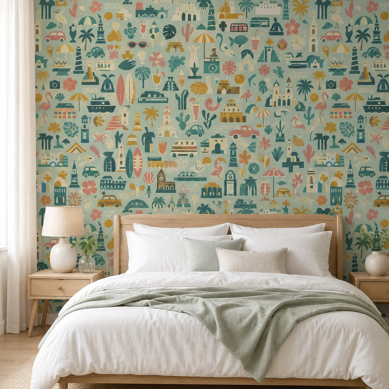 Vintage Travel Icons Wall Mural Wallpaper Tropical Palm Flamingo Retro Pattern Living Room Decor Glue Required Non Self Adhesive
