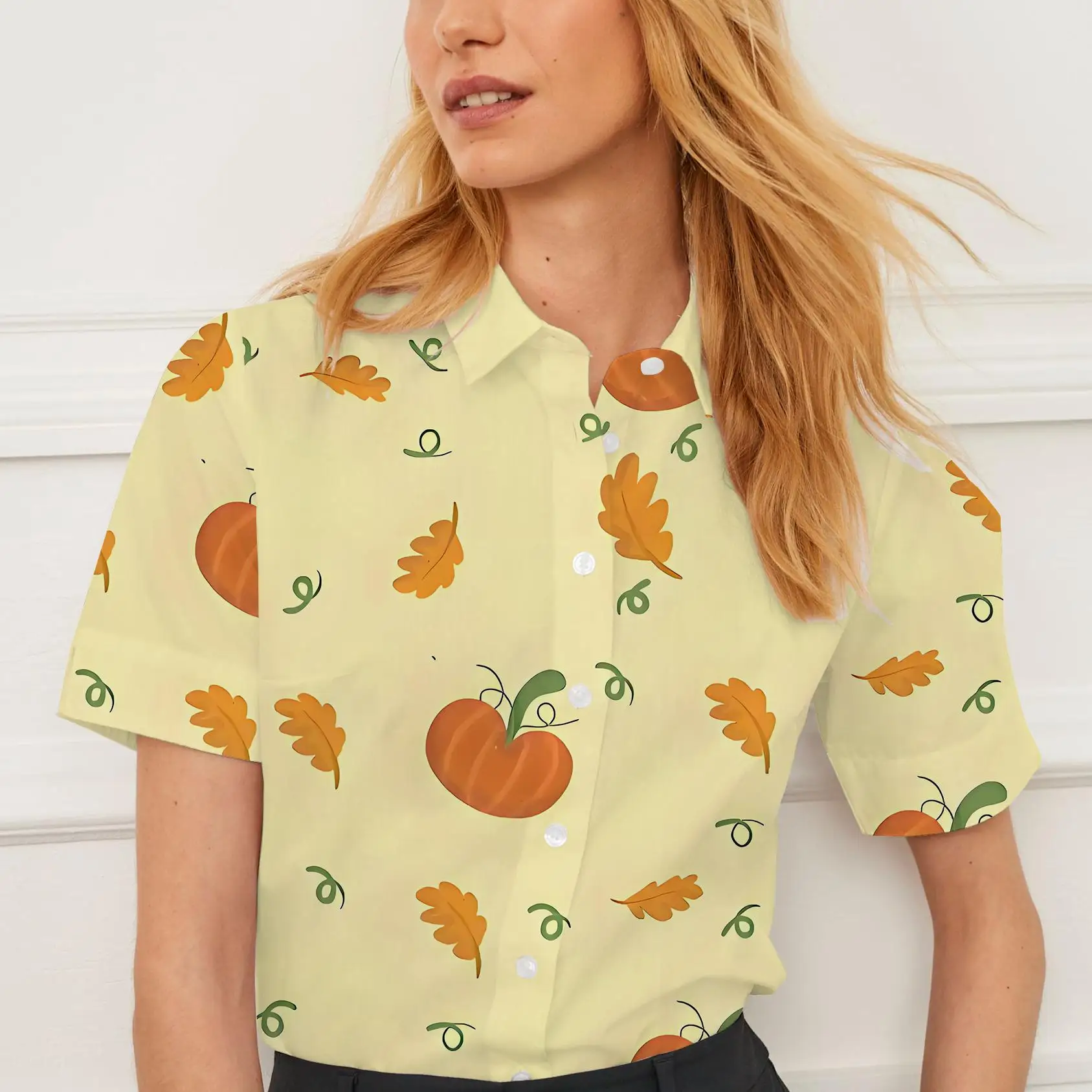 Summer women's shirt casual short sleeve lapel Christmas pumpkin pattern print women's top personality fashion women's clothing