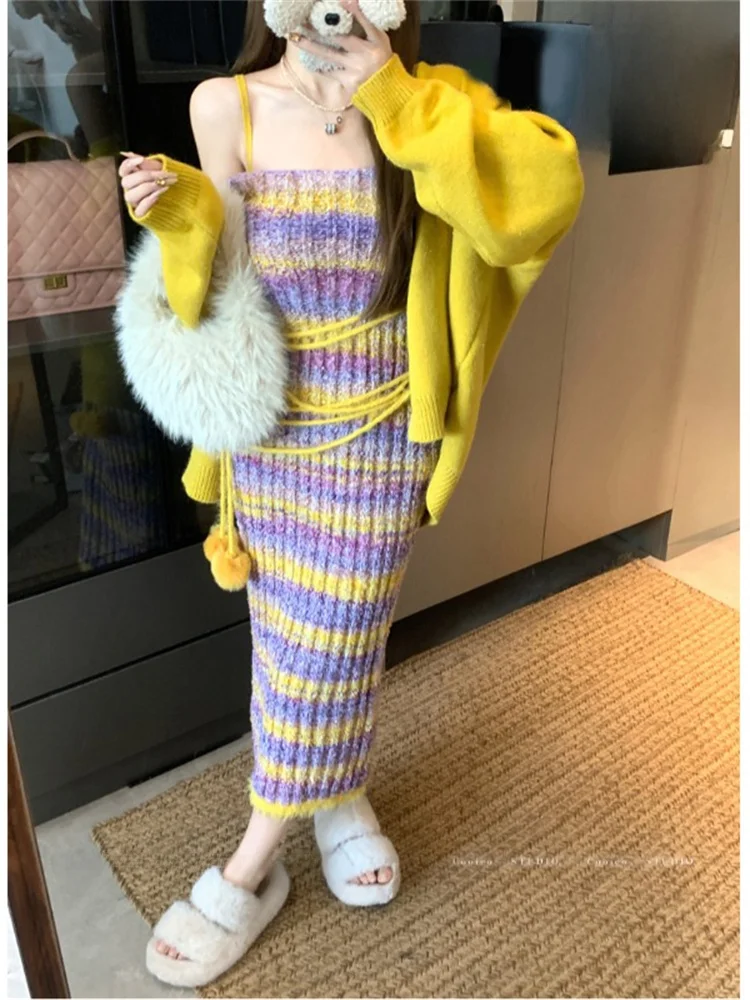 

Chic Yellow Striped Dress And Sweater Set Women's Fashion Outfit Complete Set Ootd Long Sleeve round Neck Autumn Wear for Adults