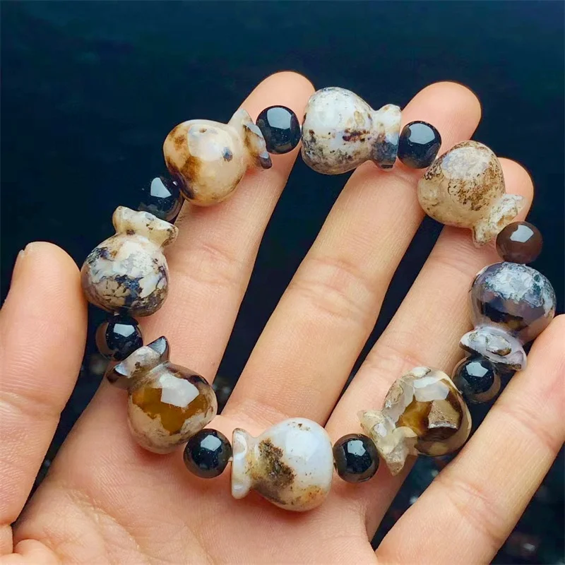 Natural Flower Agate Purse Carving Bracelet Chakra Crystal Healng Fengshui Gemstone Jewelry Christmas Present 1PCS 16x17mm