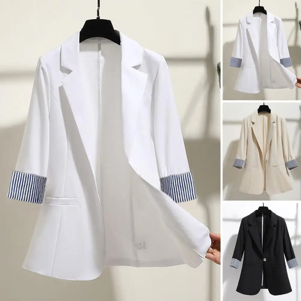 Women Button Closure Suit Coat Elegant Lapel Suit Coat with Striped Cuffs Single Button Design for Women Stylish Business