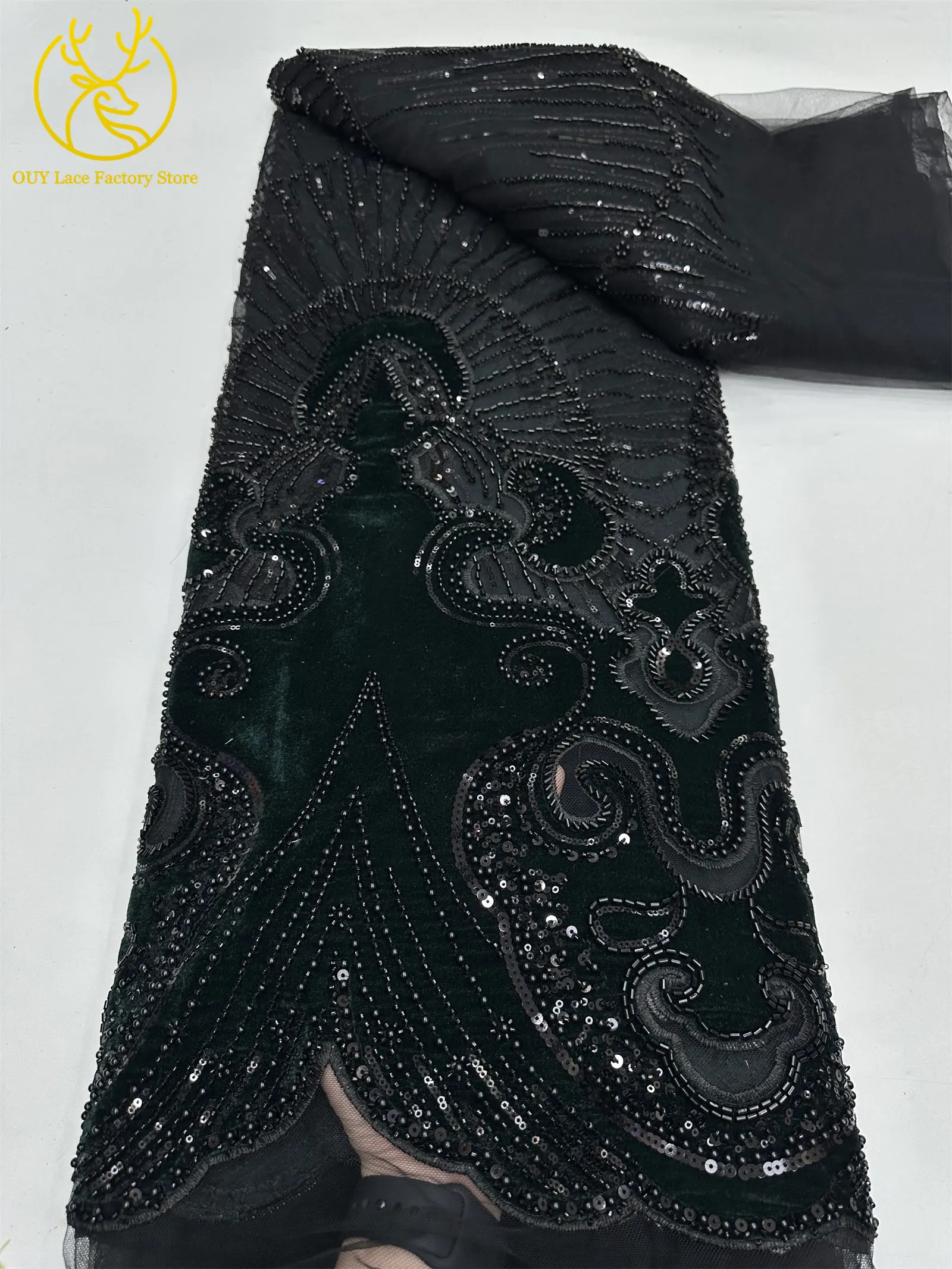 Luxuriöser afrikanischer Samtstoff mit goldenen Perlen und Pailletten, 5 Yards, weinrot, bestickter französischer Tüll für Damen-Partykleider – Detail 18