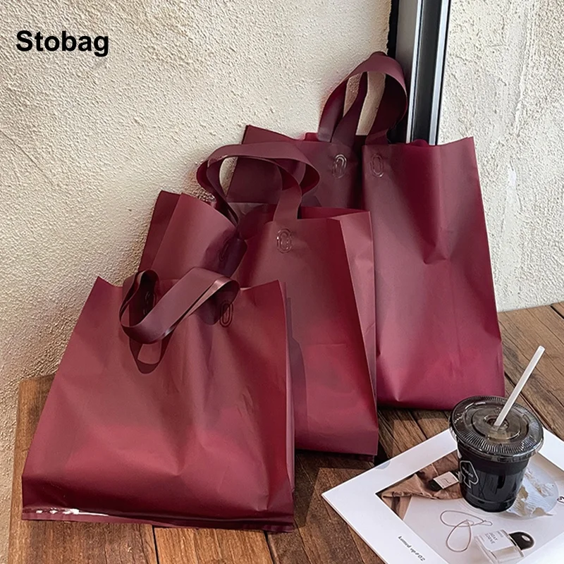 

StoBag 50pcs Red Frosted Plastic Shopping Bag Tote Shoulder Clothes Gift Package Pouch Handbag Portable Custom Logo(Extra Fee)