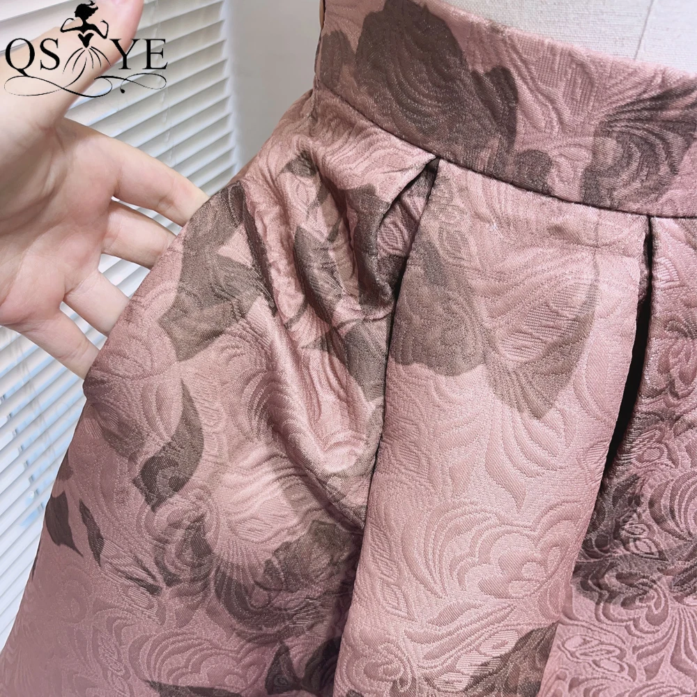 Brown Jacquard Satin A line Overskirt Print Flower Heavy Satin Women Overlay Evening Skirt Long Box Pleated Maxi Party Dress