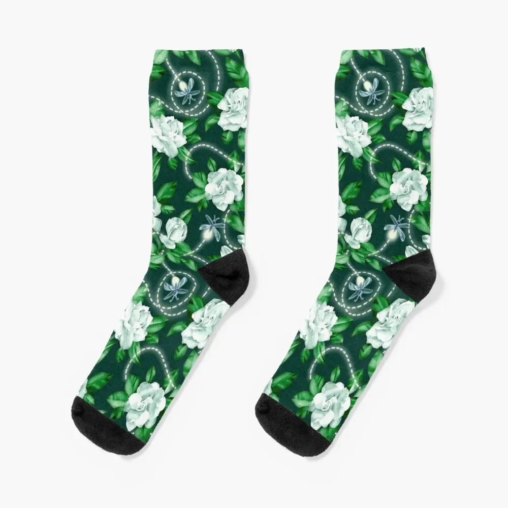 Midnight Sparkles - Gardenias and Fireflies in Emerald Green Socks custom sports winter thermal Designer Man Socks Women's