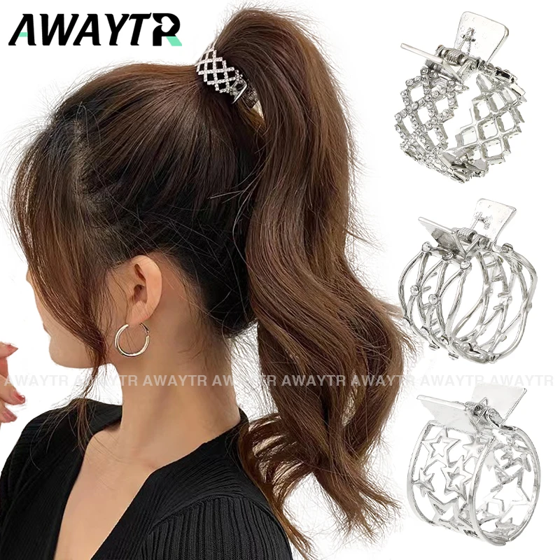 AWAYTR Summer Alloy Hollow High Ponytail Fixed Hair Catch Fashion Pearl Rhinestone Claw Clip Ladies Hairpin Hair Accessories