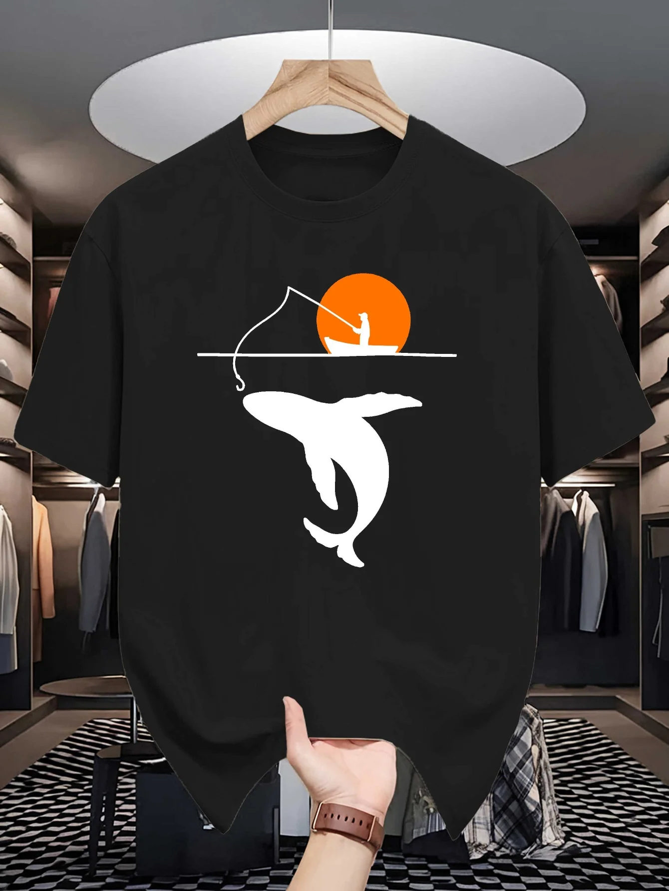 Men Short Sleeve T Shirt Fisherman Boat Whale Silhouette Graphic Tee Loose Fit Casual Mens Top For Fishing Fan Daily Street Wear