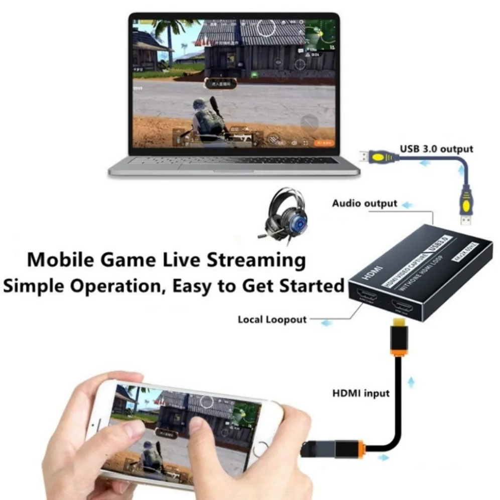 4K HDMI-Compatible Video Capture Card Loop Out for Game Recording Live Streaming USB 3.0 Video Capture Card for PS3/4 Switch