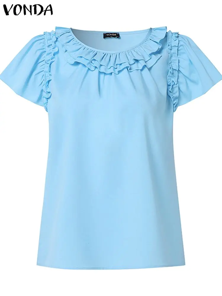 

VONDA Women Elegant Ruffled Shirts 2024 Summer Tops Short Sleeve Blouses Fashion Solid Color Tunic Casual Loose Blusas Femme