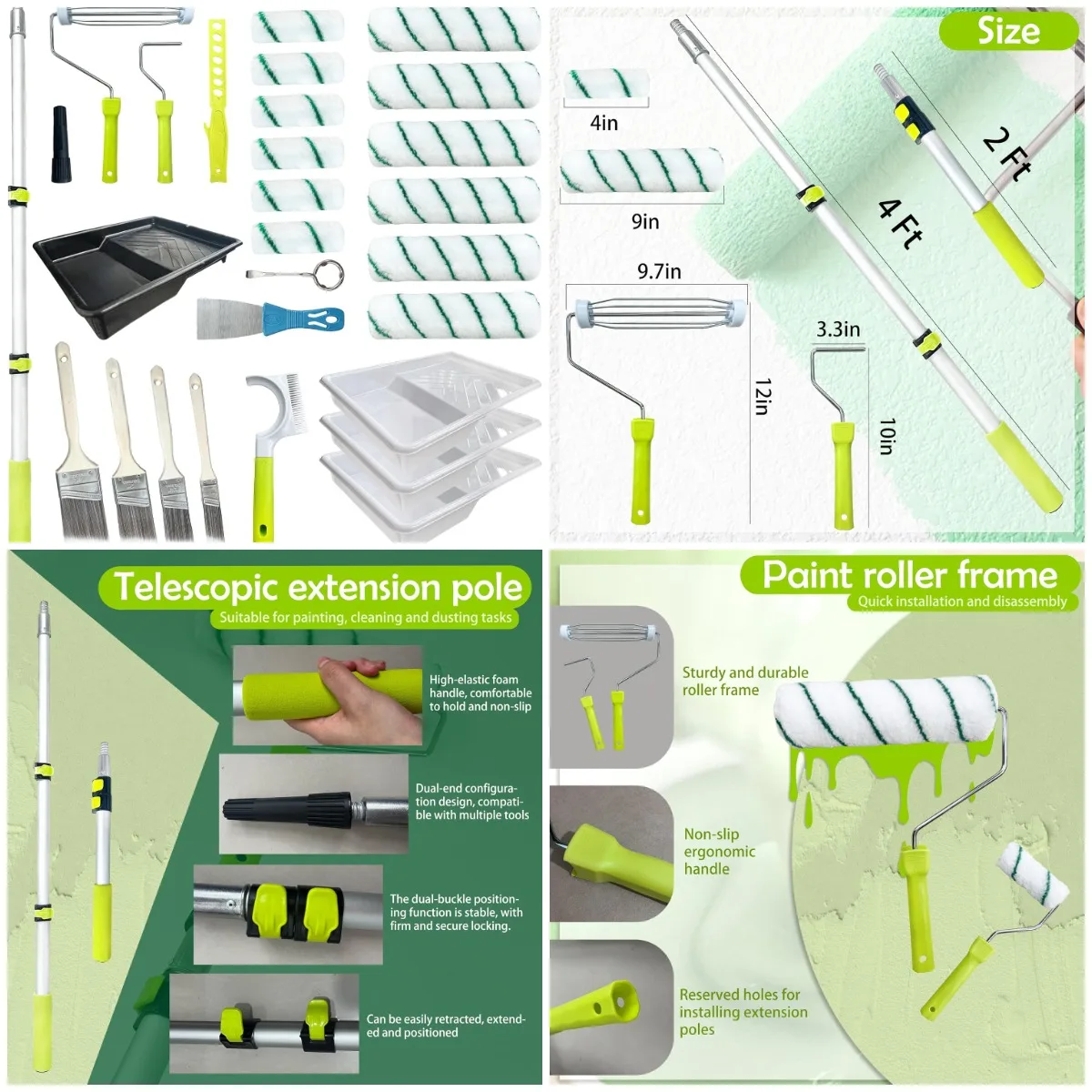 

Набор малярных валиков, 28 шт. с удлинителем, валиками 4 фута 9 футов, очистителем и кистями для латекса, масляных красок и пятен